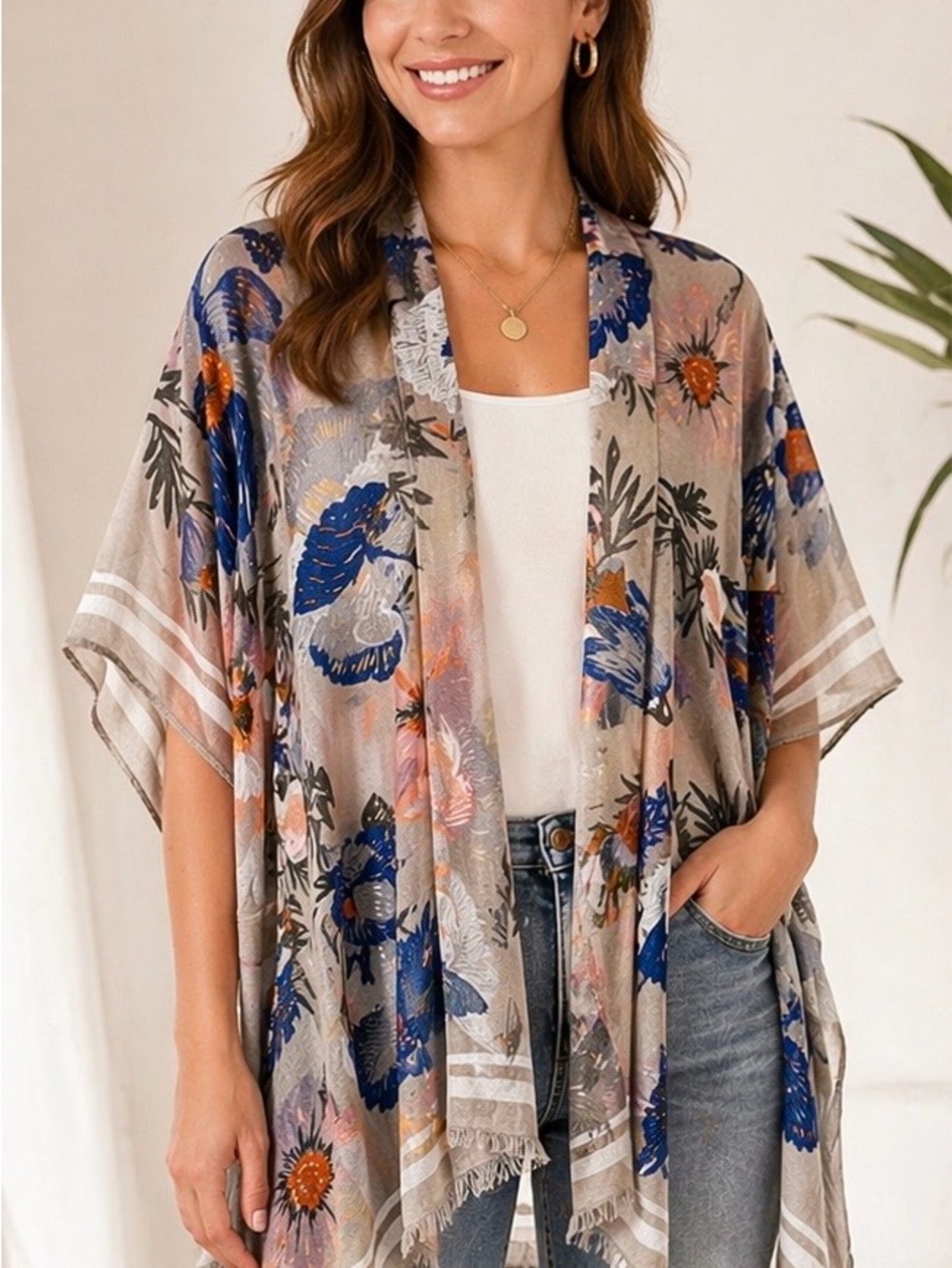 Woven Heart Floral Kimono Cardigan in Blue and Taupe